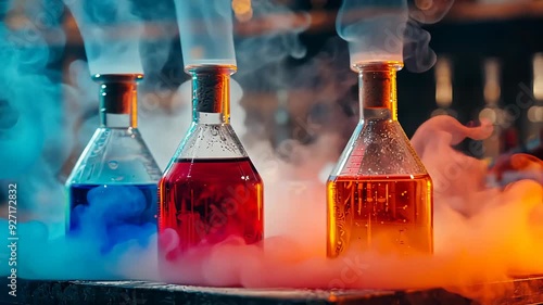 Enigmatic colorful potions amidst mystical vapor