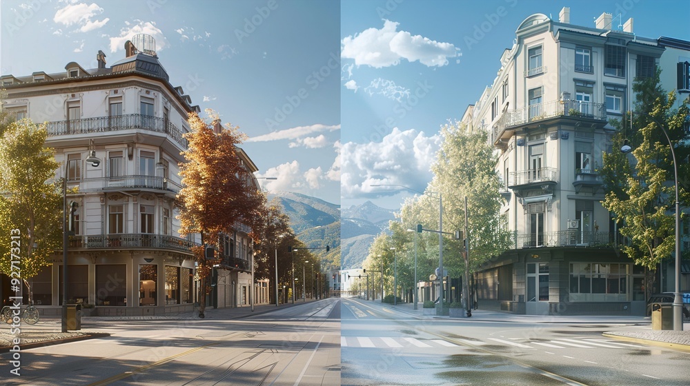 Naklejka premium A before-and-after image of a city street, showing the transformation from an outdated design to a modern, eco-friendly urban environment.