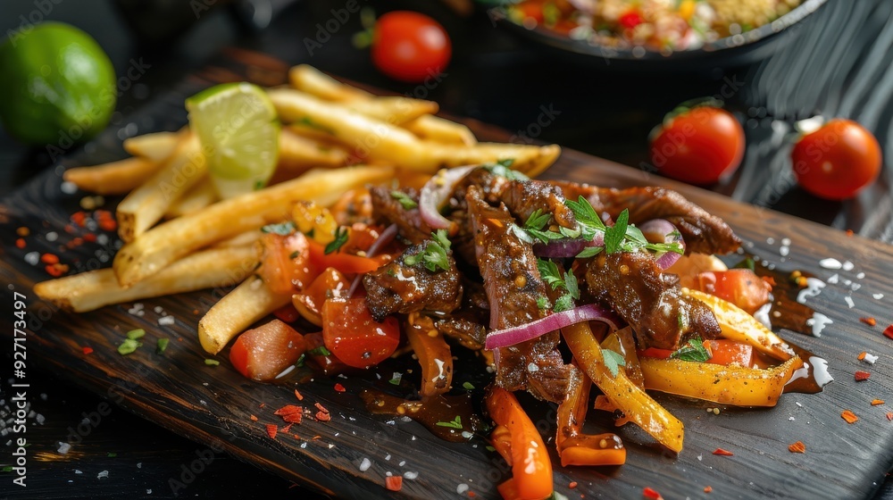 A close-up image of a delicious meal featuring grilled steak, bell peppers, red onion, and french fries served on a dark wooden board. The dish is drizzled with sauce and sprinkled with salt and chili A close-up image of a delicious meal featuring grilled steak, bell peppers, red onion, and french fries served on a dark wooden board. The dish is drizzled with sauce and sprinkled with salt and chili