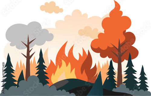 A forest fire blazes through trees as smoke billows.