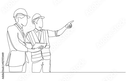 Continuous one line drawing of young engineer reporting construction progress to project manager., construction project concept, single line art.