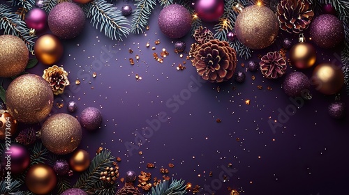 A Christmas background featuring golden balls and ornaments on a purple backdrop, designed as a New Year postcard template.
