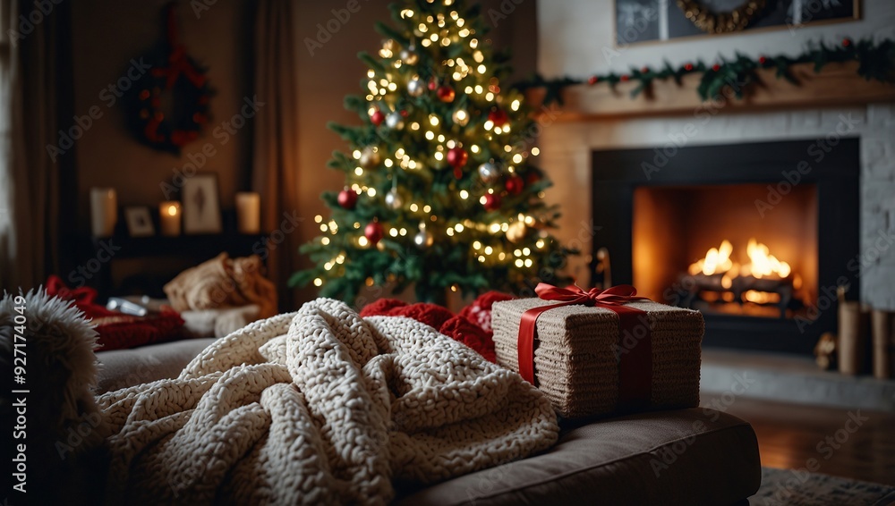 Obraz premium Christmas decorated living room, decorated Christmas tree, cozy blankets and pillows