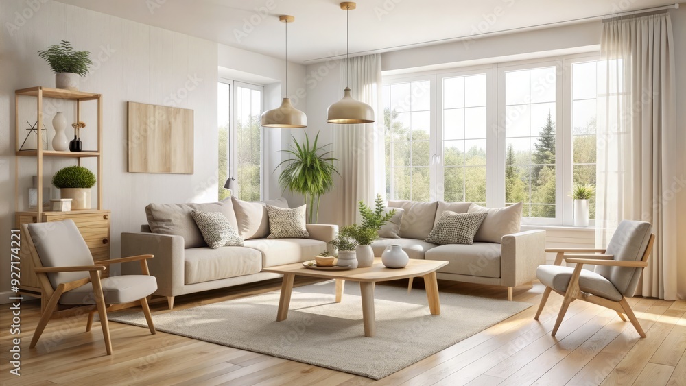 Scandinavian Family Living Room: minimalist, functional, airy, light wood, soft fabrics, neutral palette Scandinavian Family Living Room: minimalist, functional, airy, light wood, soft fabrics, neutral palette