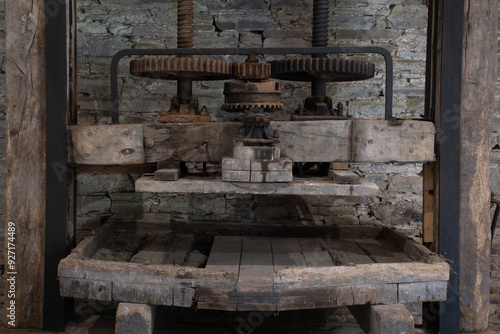 Photos An Eighteenth Century cider press in Buckland Abbey Devon England,