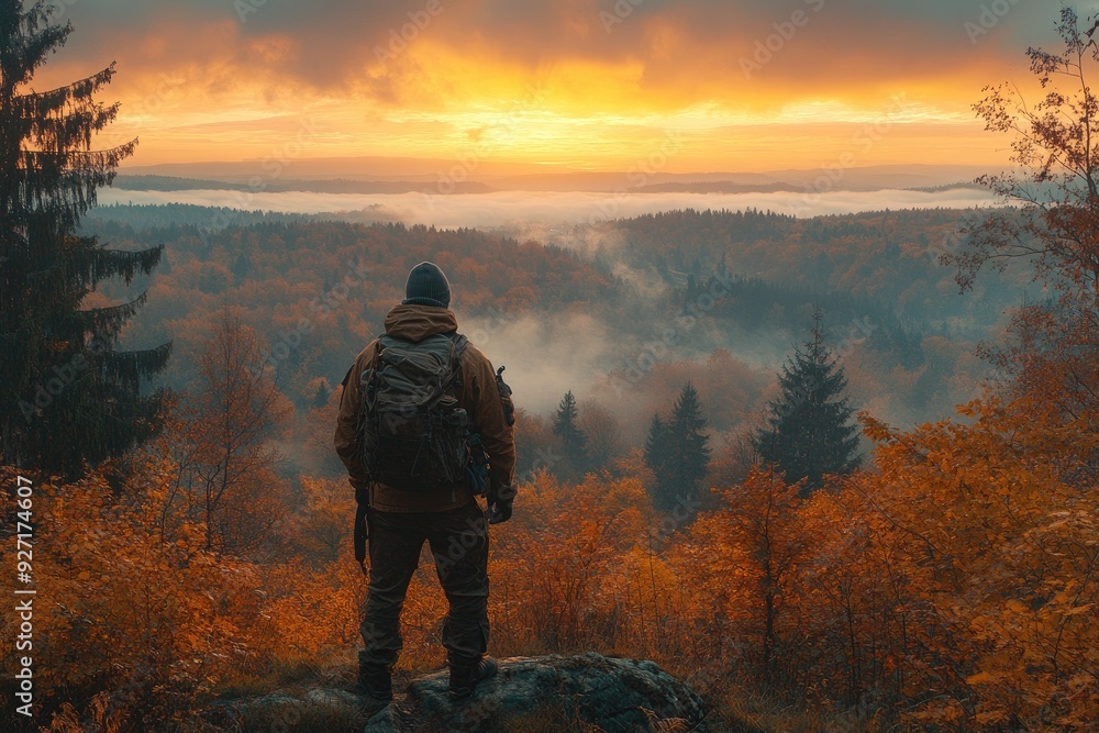 Hiker standing on a rock enjoying misty mountain view during fall season at sunrise Hiker standing on a rock enjoying misty mountain view during fall season at sunrise