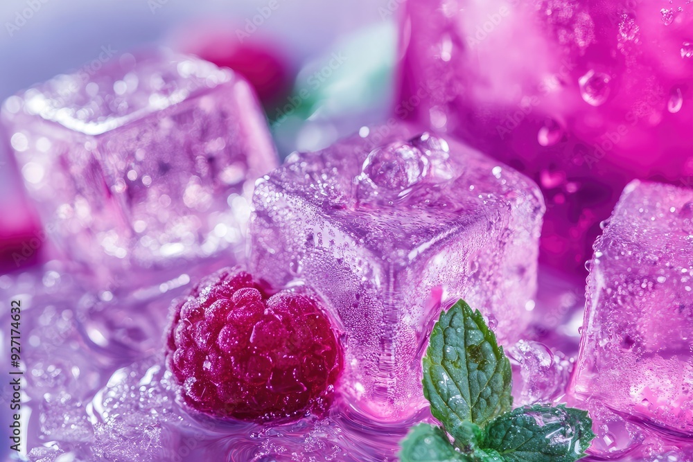 Refreshing purple cocktail with ice cubes, raspberries and mint being prepared Refreshing purple cocktail with ice cubes, raspberries and mint being prepared