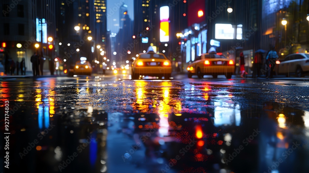 Vibrant city scene featuring yellow taxis, reflections on wet pavement, and illuminated buildings in a rainy urban setting. Vibrant city scene featuring yellow taxis, reflections on wet pavement, and illuminated buildings in a rainy urban setting.