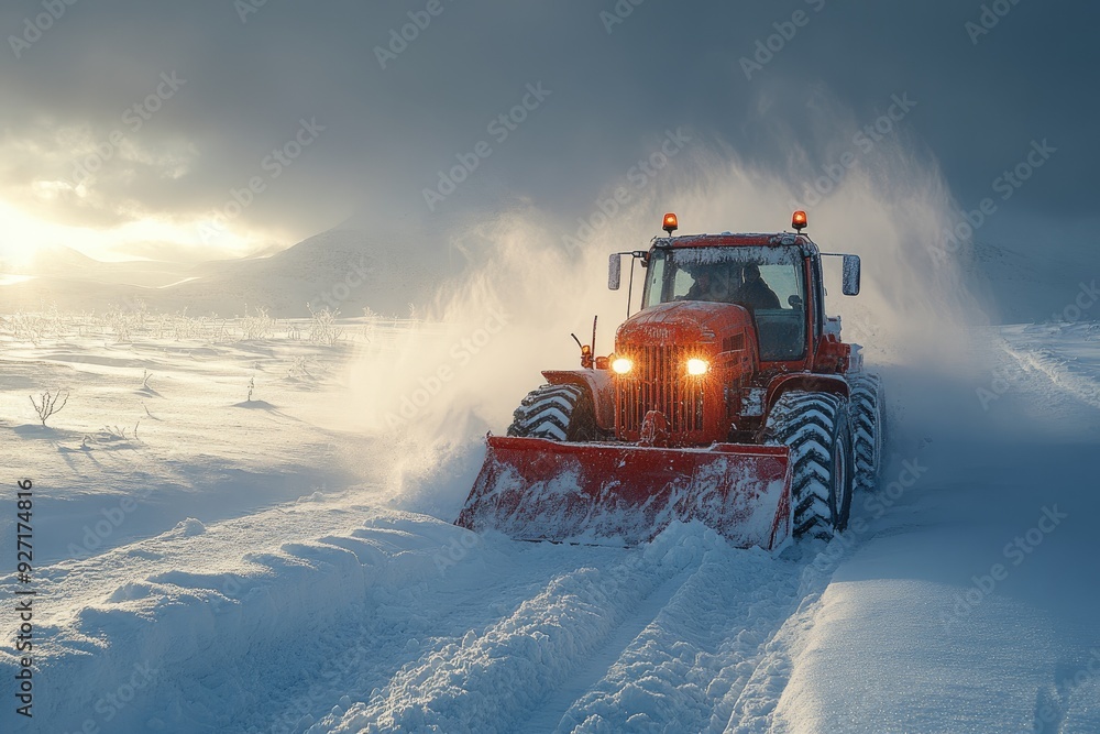 Red tractor removing snow from road during sunset Red tractor removing snow from road during sunset
