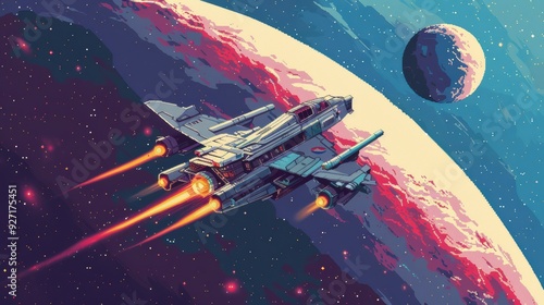 Fototapeta Naklejka Na Ścianę i Meble -  A futuristic spaceship with glowing thrusters travels through space near a planet. The ship is in the foreground, with the planet and a moon in the background.