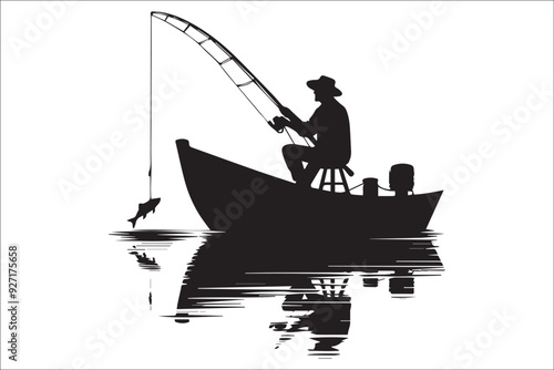 Fishing silhouette vector, black, silhouette, outdoor, nature, fish, fisherman, lake, river, ocean, water, bait, hook, rod, reel, angler, boat, adventure, sport, hobby, outdoors