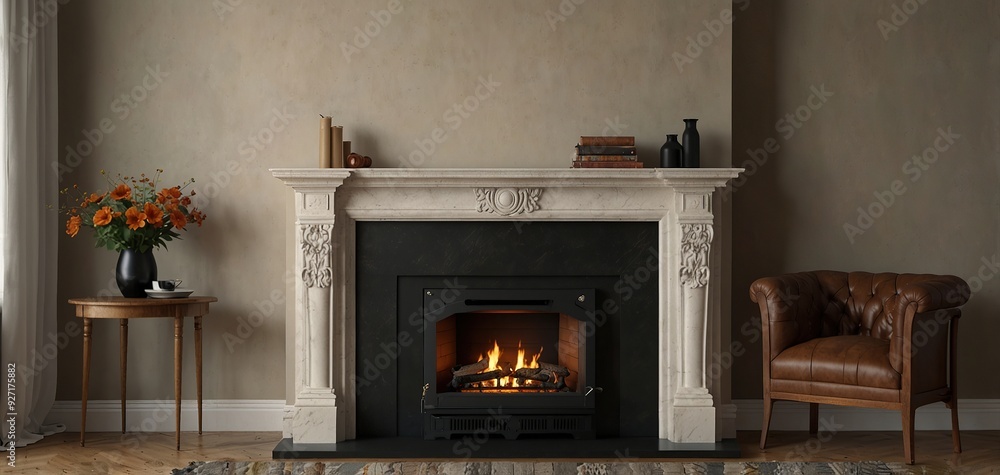 Large traditional fireplace with roaring fire. Empty mantle piece mockup shelf Large traditional fireplace with roaring fire. Empty mantle piece mockup shelf