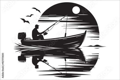 Fishing silhouette vector, black, silhouette, outdoor, nature, fish, fisherman, lake, river, ocean, water, bait, hook, rod, reel, angler, boat, adventure, sport, hobby, outdoors