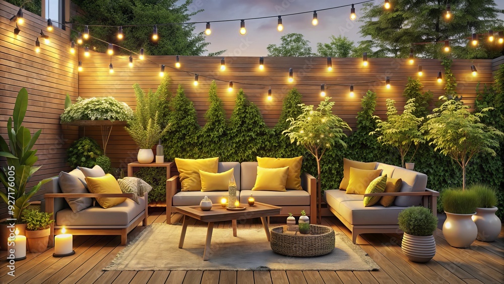 soft warm yellow glow of string lights on a cozy summer evening patio with lush greenery and wooden accents soft warm yellow glow of string lights on a cozy summer evening patio with lush greenery and wooden accents