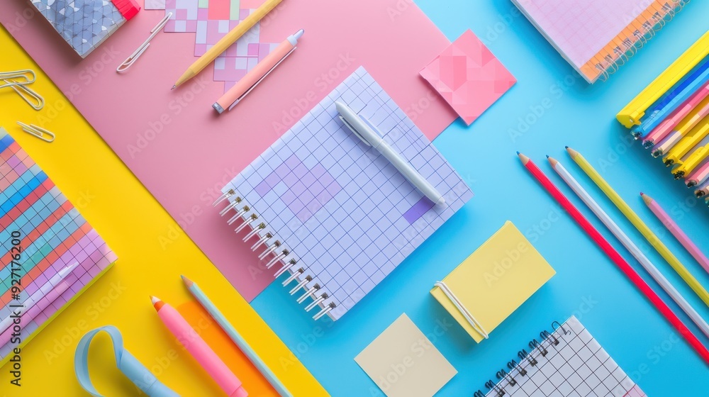 An overhead flat lay image of school supplies on a desk, featuring a variety of colorful pens, pencils, notebooks, and sticky notes arranged on a pink, yellow, and blue background. An overhead flat lay image of school supplies on a desk, featuring a variety of colorful pens, pencils, notebooks, and sticky notes arranged on a pink, yellow, and blue background.
