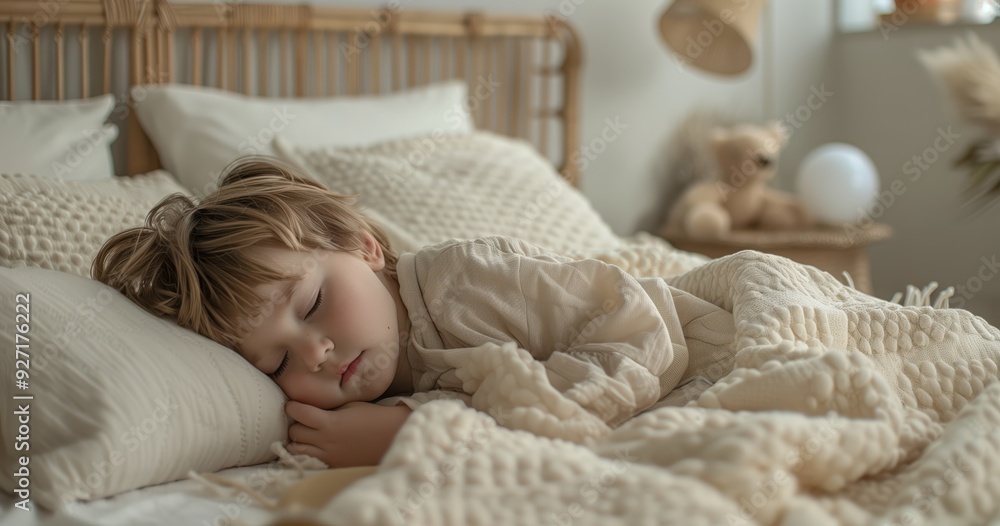 Peaceful Child Sleeping in Cozy Bedroom with Soft Lighting and Plush Bedding for a Serene and Comfortable Atmosphere Peaceful Child Sleeping in Cozy Bedroom with Soft Lighting and Plush Bedding for a Serene and Comfortable Atmosphere