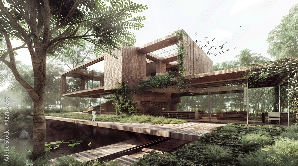 Modern brick house with large windows surrounded by lush greenery. Modern brick house with large windows surrounded by lush greenery.