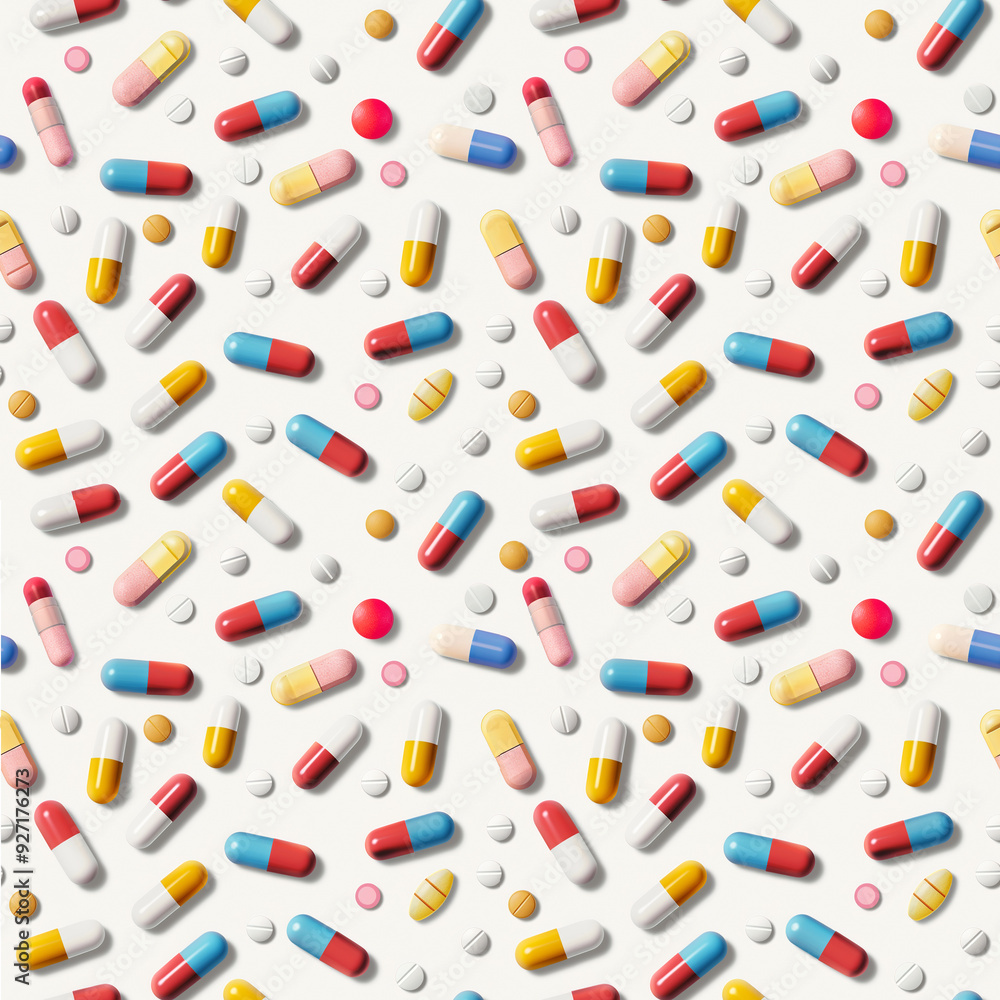 Various colored pills are spread out on a white background. Assorted colorful pills and capsules, representing medicine and healthcare Various colored pills are spread out on a white background. Assorted colorful pills and capsules, representing medicine and healthcare
