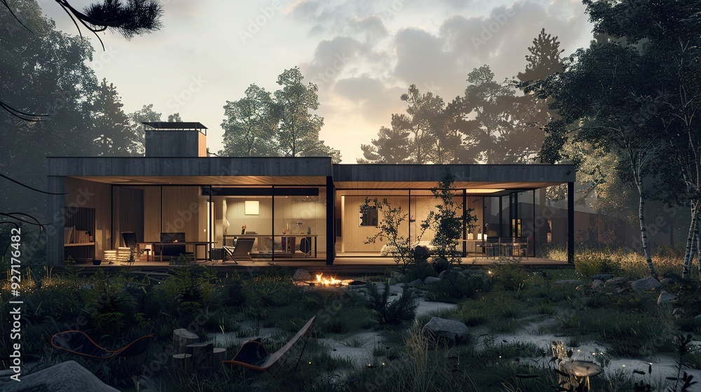 Obraz premium Modern cabin in the woods with a fire pit and comfortable seating.