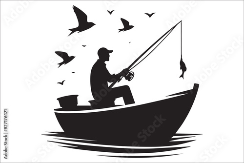 fishing, vector, black, silhouette, outdoor, nature, fish, Fisherman fishing silhouette, lake, river, ocean, water, bait, hook, rod, reel, angler, boat, adventure, sport, hobby, outdoors, casting, 