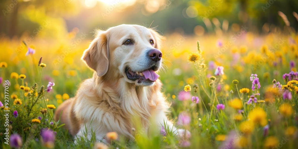 Sunny afternoon serenity wildflower meadow golden retriever relaxing sprawled out carefree joyful vibrant warm soft focus shallow depth of field natural light Sunny afternoon serenity wildflower meadow golden retriever relaxing sprawled out carefree joyful vibrant warm soft focus shallow depth of field natural light