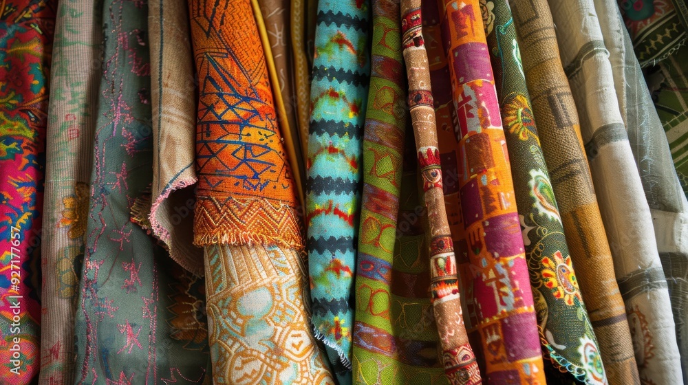 A close-up view of colorful fabric rolls displayed at a market stall. The fabrics are all different colors and patterns, with some having intricate designs. A close-up view of colorful fabric rolls displayed at a market stall. The fabrics are all different colors and patterns, with some having intricate designs.