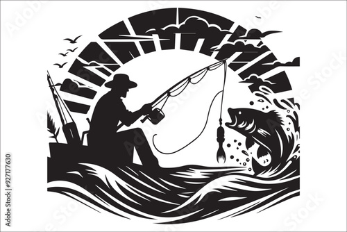 fishing, vector, black, silhouette, outdoor, nature, fish, Fisherman fishing silhouette, lake, river, ocean, water, bait, hook, rod, reel, angler, boat, adventure, sport, hobby, outdoors, casting, 