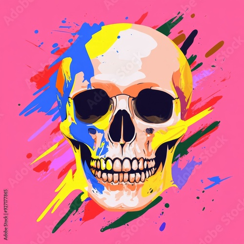 Colorful skull with paint splatters. photo