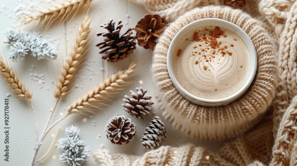 A cozy desk setup features a knitted sweater, coffee cup, candle, and a box with pine cones and decor on a white background, ideal for autumn composition with a Nordic hygge style. A cozy desk setup features a knitted sweater, coffee cup, candle, and a box with pine cones and decor on a white background, ideal for autumn composition with a Nordic hygge style.