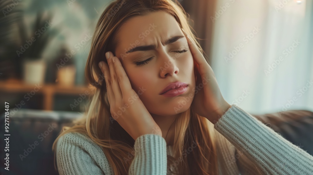 Frustrated Woman Sitting on Couch Experiencing Headache in a Cozy Home Setting During Daytime Frustrated Woman Sitting on Couch Experiencing Headache in a Cozy Home Setting During Daytime