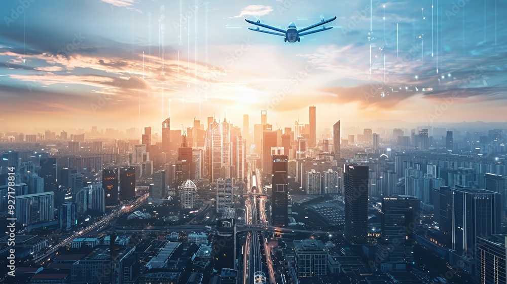 A drone flies over a modern city with a sunrise in the background. A drone flies over a modern city with a sunrise in the background.