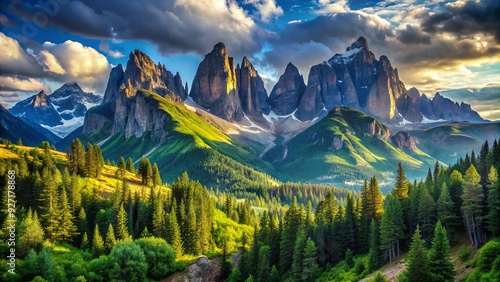 Vibrant Mountain Peaks: Majestic, towering peaks, lush vegetation, panoramic views, rugged landscapes photo