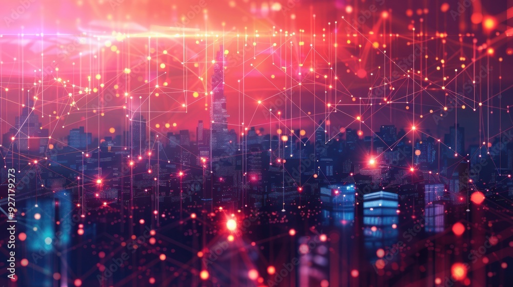 Smart city and abstract polygon pattern connection with speed line light Smart city and abstract polygon pattern connection with speed line light