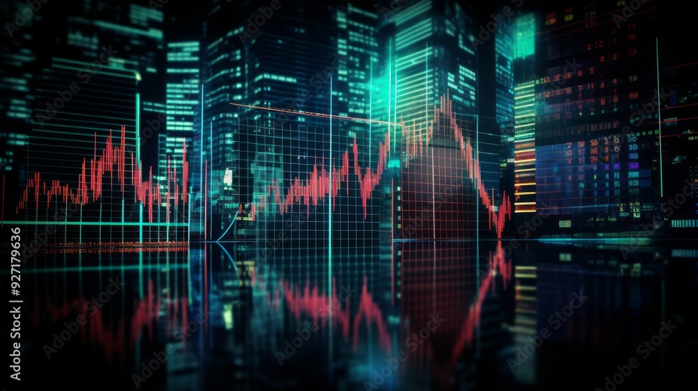 Fototapeta premium Technical price graph and indicator, red and green candlestick chart on blue theme screen. Neural network ai generated art