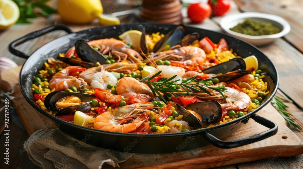 A close-up view of a freshly prepared seafood paella served in a traditional black pan on a wooden table. The dish is overflowing with shrimp, mussels, peas, rice, and red peppers. A sprig of rosemary A close-up view of a freshly prepared seafood paella served in a traditional black pan on a wooden table. The dish is overflowing with shrimp, mussels, peas, rice, and red peppers. A sprig of rosemary