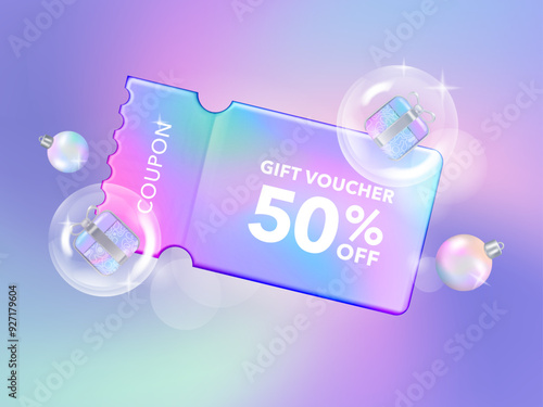 Christmas Sale Voucher coupon for business promotion sales and Discount online purchases. Tag label, sale banner 3d rendering with gradient pastel fancy ball.