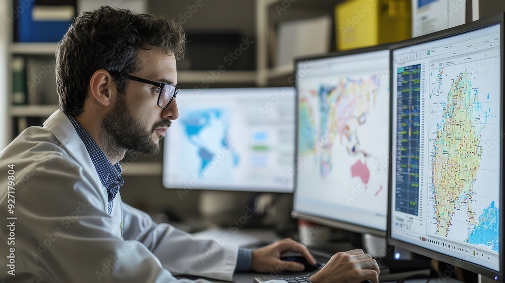A researcher analyzing household survey data on a computer, with maps and graphs of global drinking water access displayed on screens A researcher analyzing household survey data on a computer, with maps and graphs of global drinking water access displayed on screens