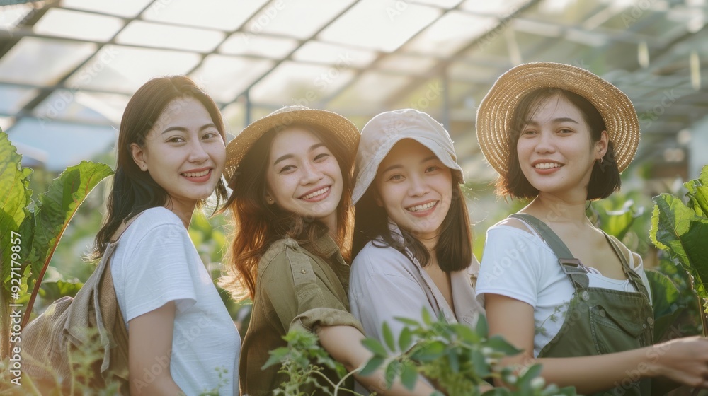 Four friends in casual outfits smile warmly while standing amongst lush greenery on a sunny day, showcasing their bonds and the joys of nature. Four friends in casual outfits smile warmly while standing amongst lush greenery on a sunny day, showcasing their bonds and the joys of nature.