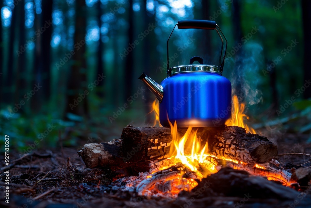 Campfire Kettle, Blue kettle heating over a campfire in a forest, Outdoor Adventure. Campfire Kettle, Blue kettle heating over a campfire in a forest, Outdoor Adventure.