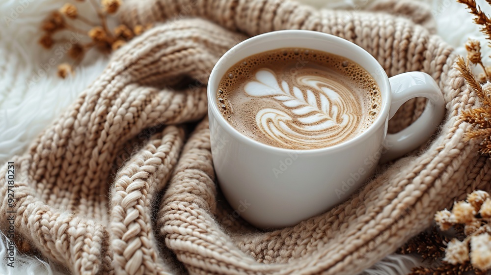 A flat lay of a knitted plaid, coffee cup, and autumn decor on a white background showcases a Nordic Scandinavian home fall desk table. A flat lay of a knitted plaid, coffee cup, and autumn decor on a white background showcases a Nordic Scandinavian home fall desk table.