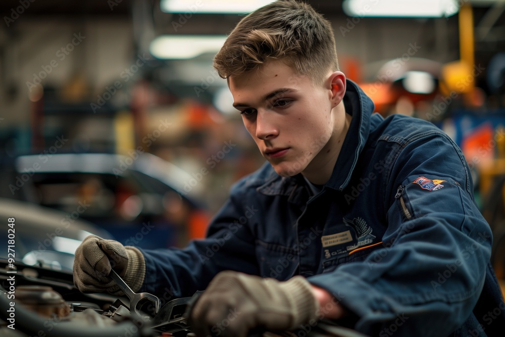 A young mechanic in a blue jumpsuit works on a car engine in a garage. A young mechanic in a blue jumpsuit works on a car engine in a garage.