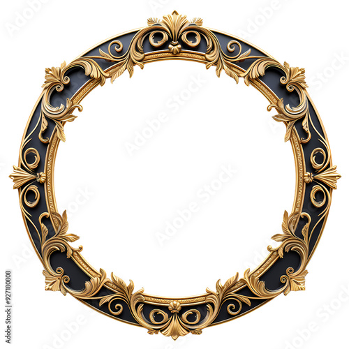 A circular, ornate, gold frame on a black background.