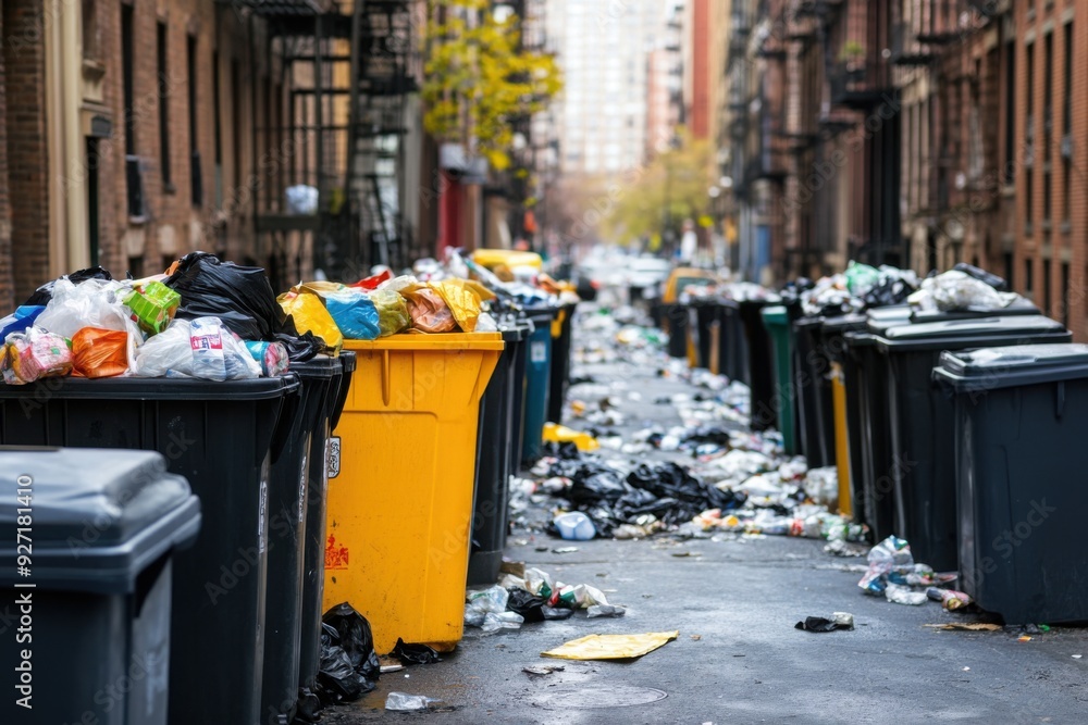 Fototapeta premium Overflowing Garbage Bins on City Street