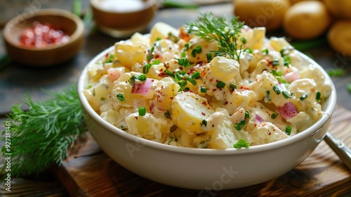 Creamy Potato Salad in White Bowl, Featuring Classic Russian Salad Recipe. Delicious and Easy-to-Make Dish Perfect for Any Meal, Highlighting a Simple, Classic Potato Salad with a Rich, Creamy Texture