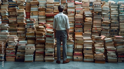 Wallpaper Mural Teacher in a library surrounded by books, celebrating World Teachers' Day, isolated on white background. Full body shot, ultra-high-definition details, photo-realistic style, colored background.  Torontodigital.ca