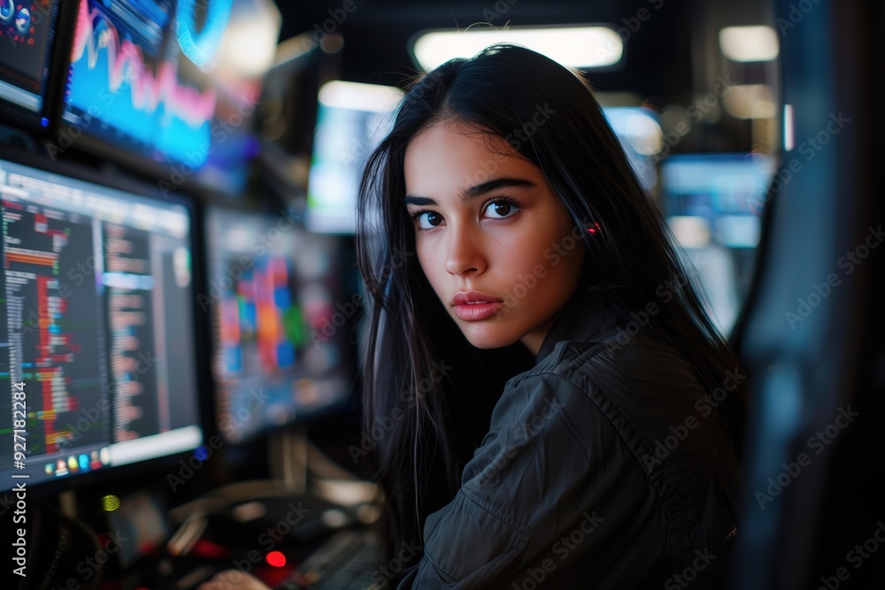 A young woman sits in a dimly lit room, looking intently at a computer screen, her expression focused. A young woman sits in a dimly lit room, looking intently at a computer screen, her expression focused.