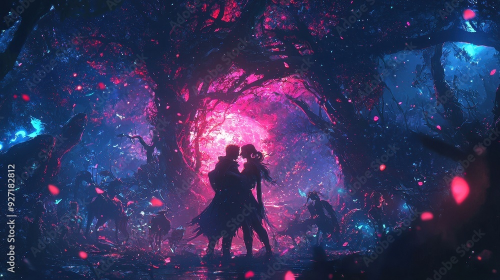 Enchanted Forest Embrace, a couple entwined beneath luminescent trees, surrounded by whimsical creatures, embodying a timeless love in a fantastical realm. Enchanted Forest Embrace, a couple entwined beneath luminescent trees, surrounded by whimsical creatures, embodying a timeless love in a fantastical realm.