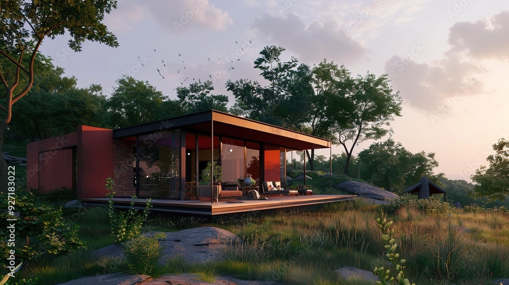 Modern glass house with sunset views, surrounded by nature. Modern glass house with sunset views, surrounded by nature.