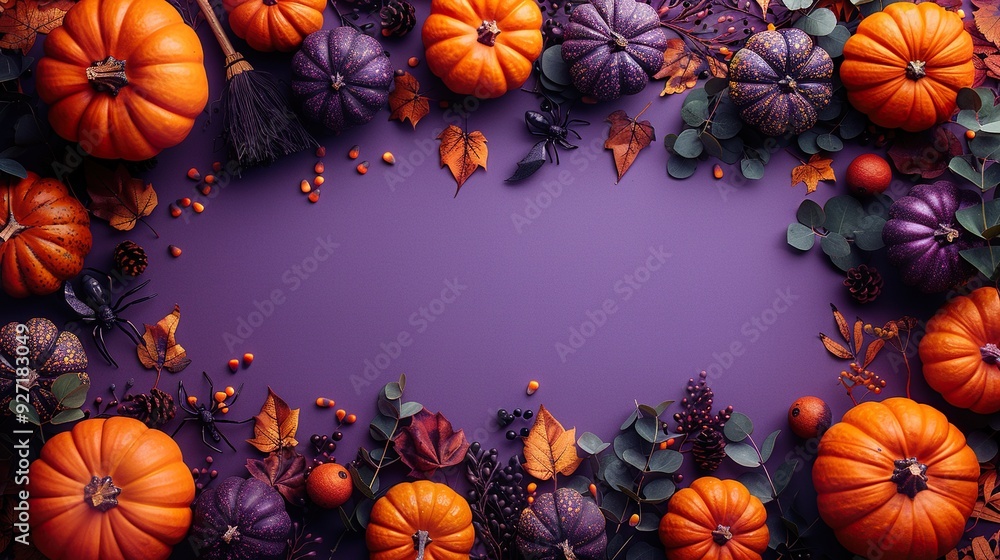A Halloween flat lay shows pumpkins, witch�s brooms, pots, spiders, and bats on a purple background, complete with a A Halloween flat lay shows pumpkins, witch�s brooms, pots, spiders, and bats on a purple background, complete with a