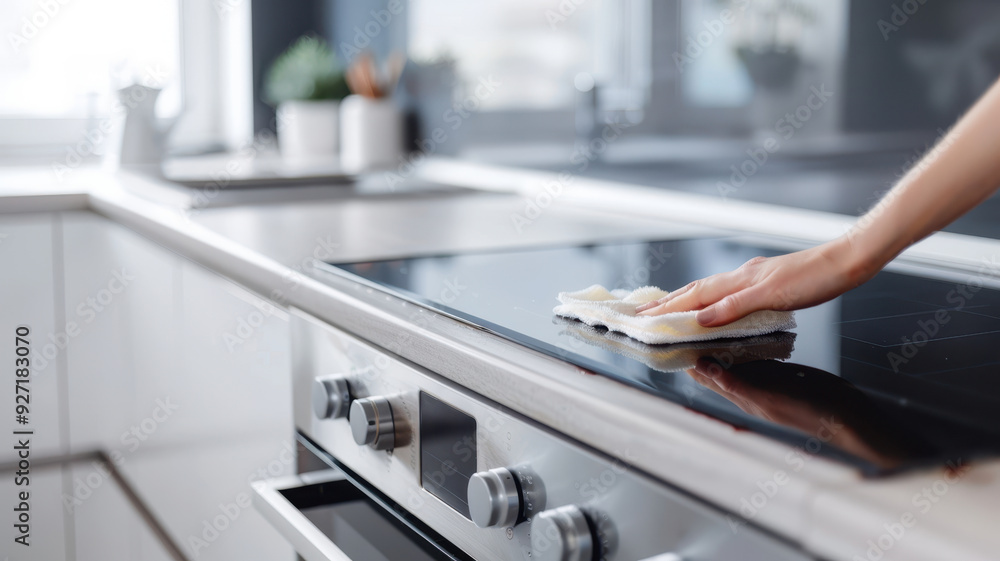 Obraz premium A person cleaning a modern kitchen stove. The hand is wiping the hob with a cloth, showcasing cleanliness and tidiness in a contemporary kitchen.